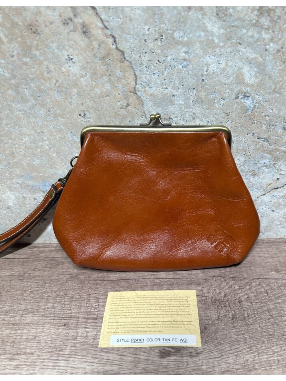 Patricia Nash Womens Tan Brown Leather Kiss Lock Wristlet Clutch Bag P24101